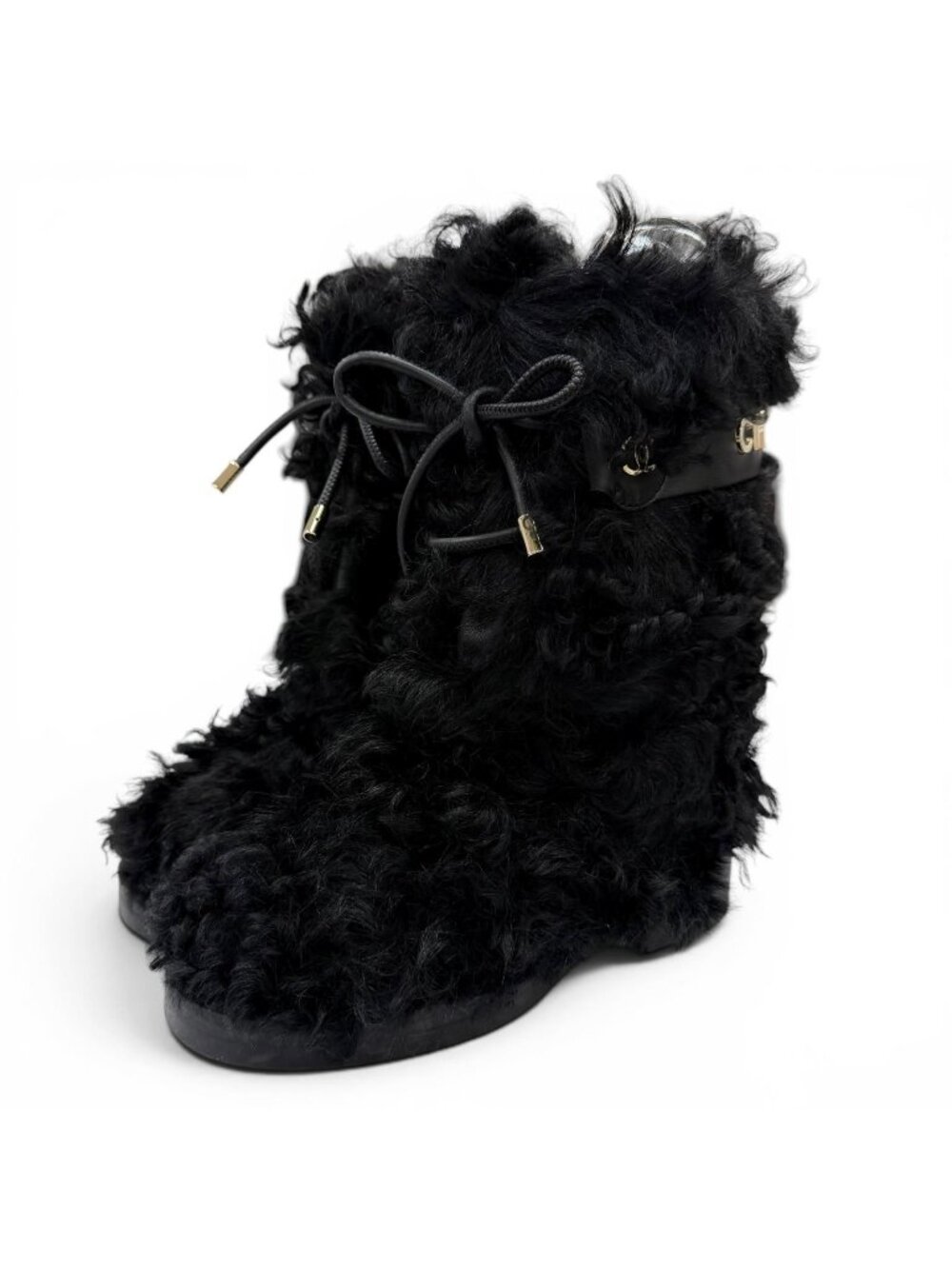 Chanel CC Logo Lamb Fur Leather Short Boots Black Gold